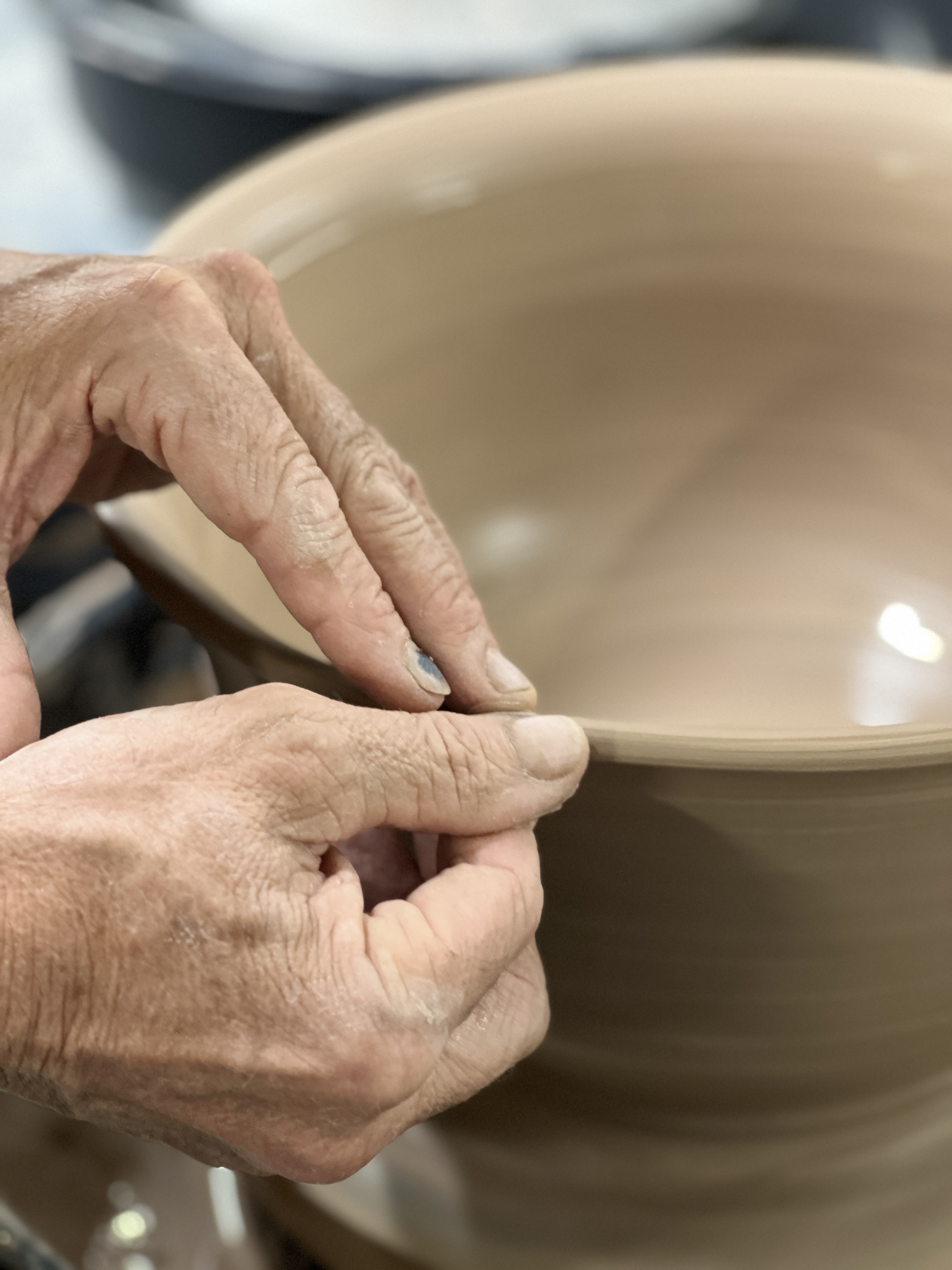 Hands shaping a bowl on the pottery wheel